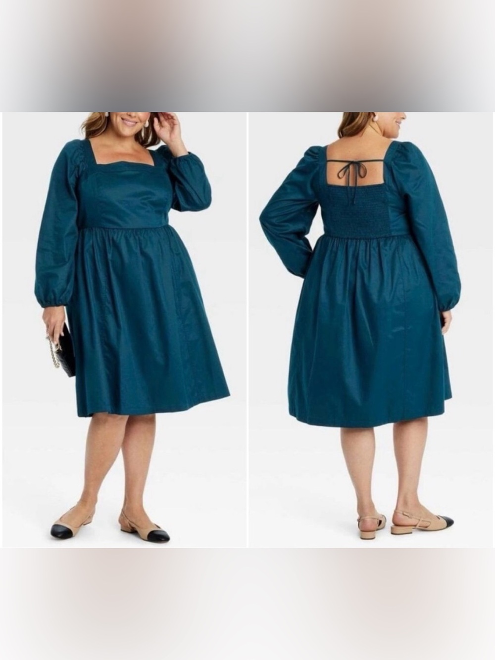 Ava & Viv Balloon Long Sleeve Dress 2X A Line Teal Pockets Square Neck Smocked